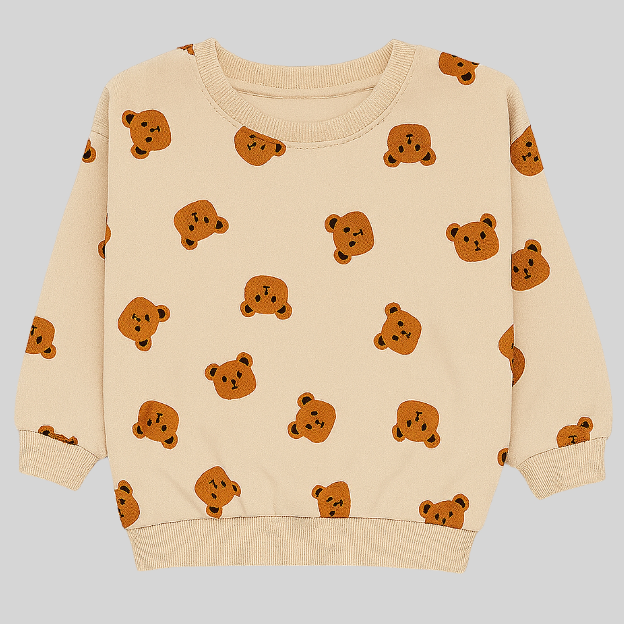 All-Over Teddy Face Print Sweatshirt – Beige