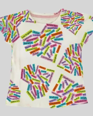 Girls Multicolor City Name Print Cotton T-Shirt