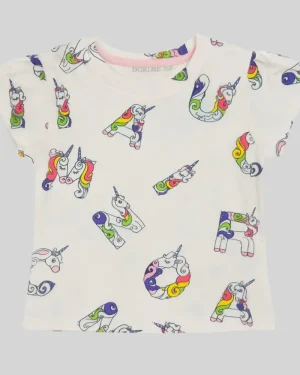 Girls White Unicorn Alphabet Print Cotton T-Shirt