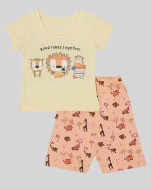 Girls Cream & Peach Animal Print Cotton Co-ord Set