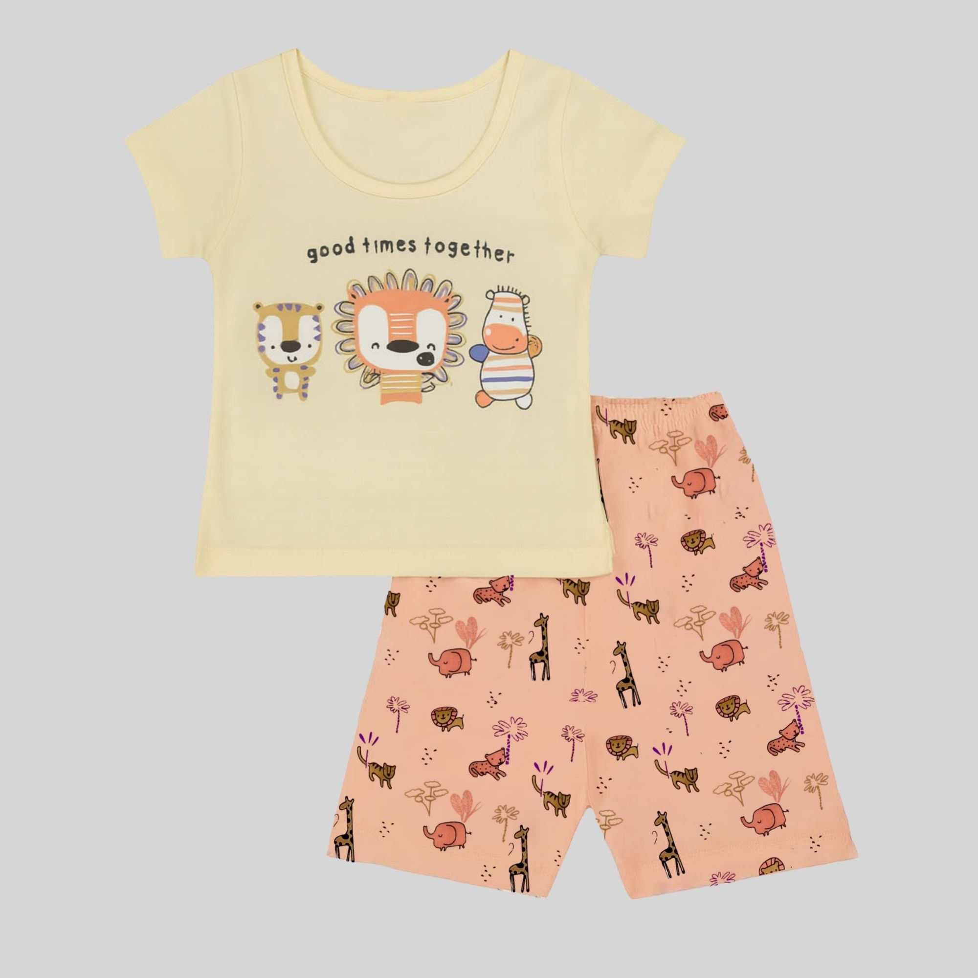 Girls Cream & Peach Animal Print Cotton Co-ord Set