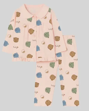 Pink Teddy Print Cotton Night Suit for Girls