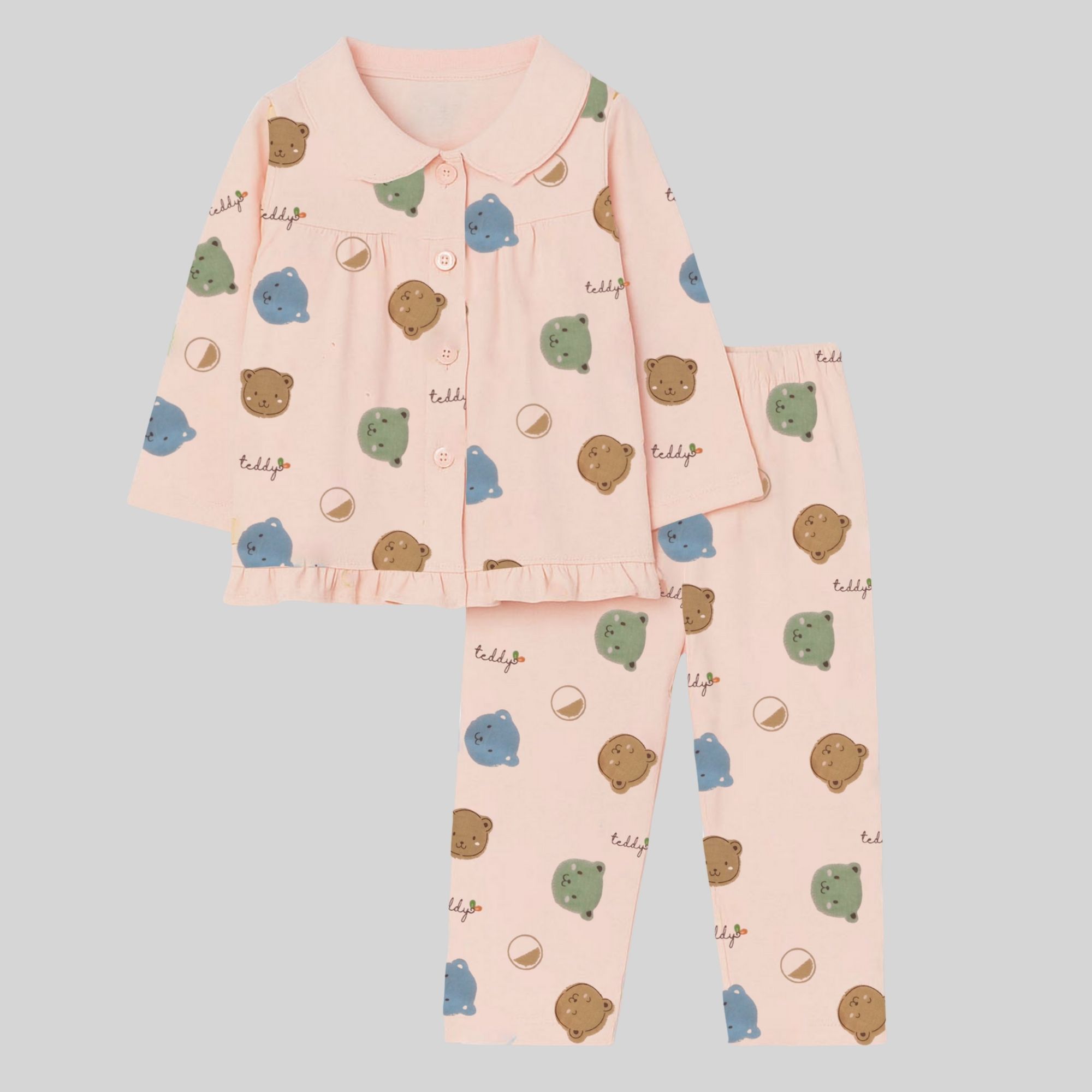 Pink Teddy Print Cotton Night Suit for Girls