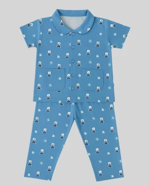 Girls Cotton Nightsuit – Blue Teddy Print