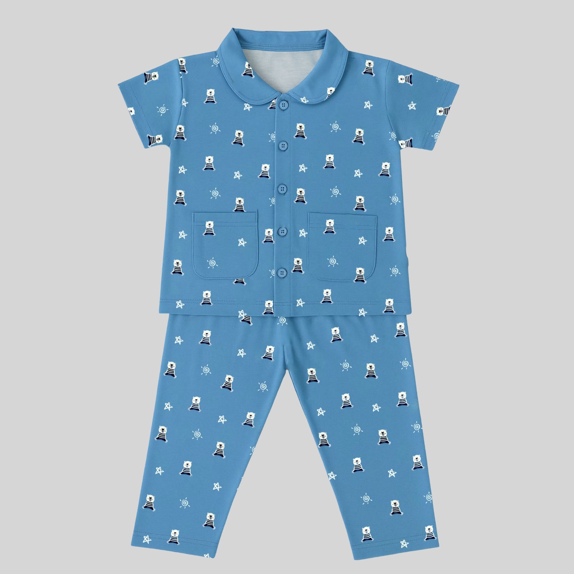 Girls Cotton Nightsuit – Blue Teddy Print