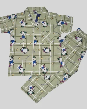Boys Cotton Night Suit – Puppy & Checkered Print