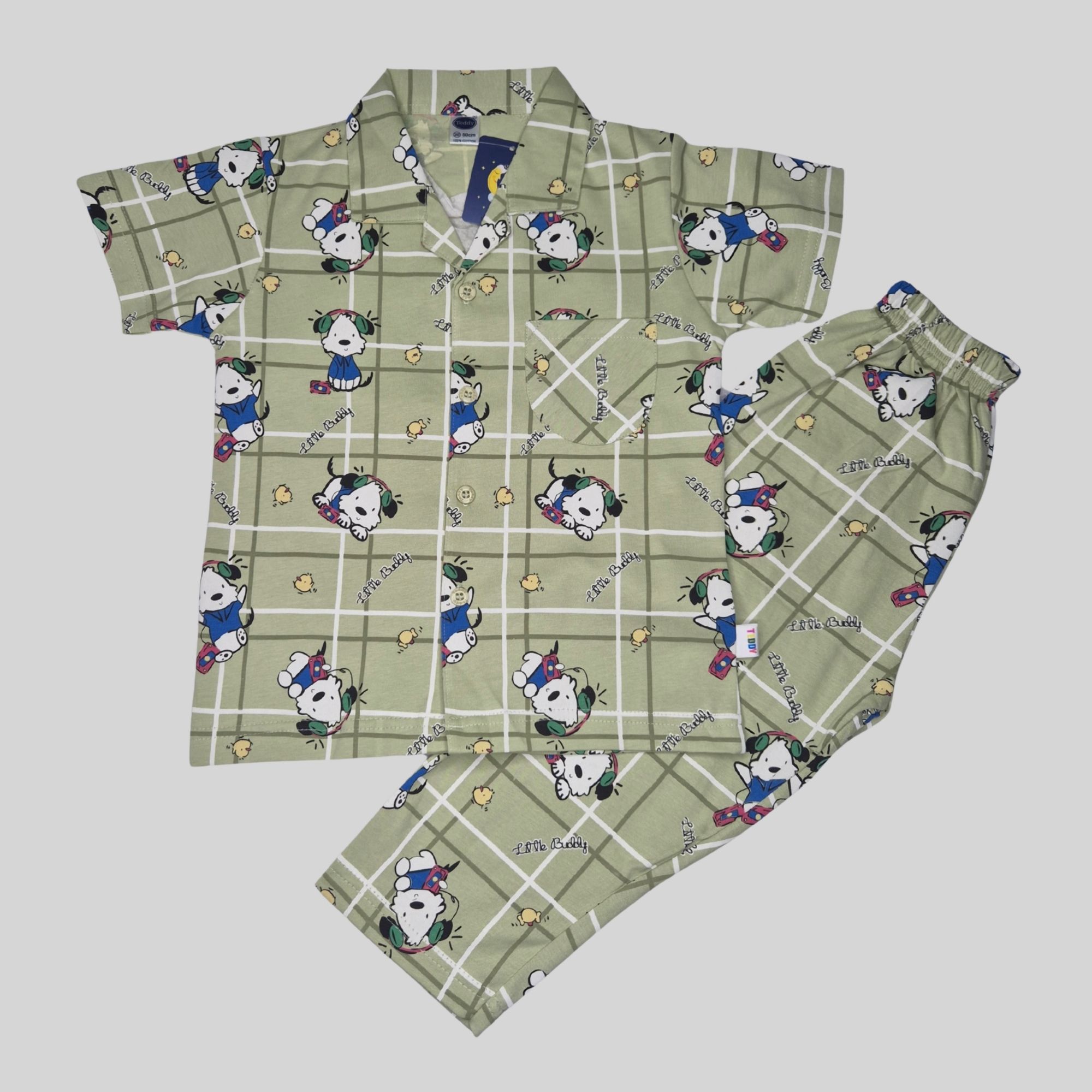 Boys Cotton Night Suit – Puppy & Checkered Print