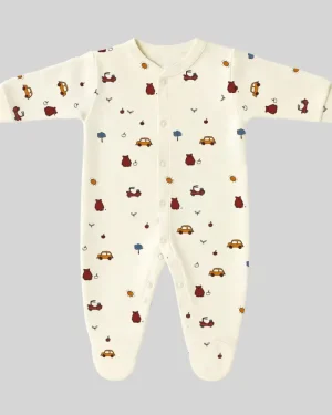 Cotton Car & Bear Print Baby Onesie