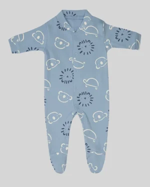 Blue Teddy & Doodle Print Cotton Baby Onesie