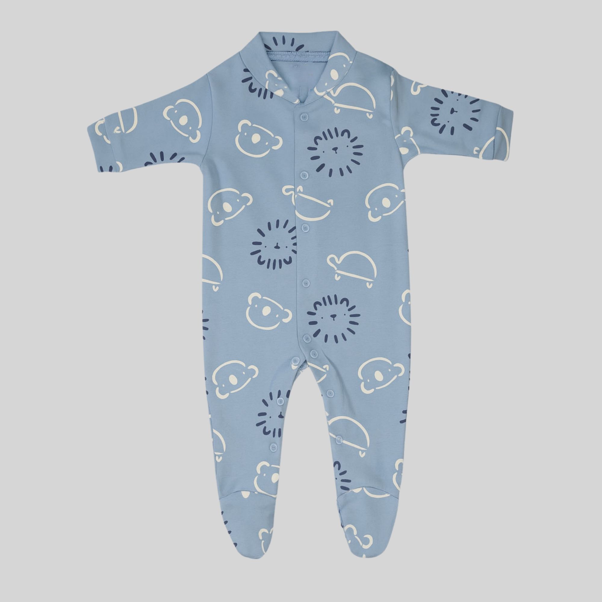 Blue Teddy & Doodle Print Cotton Baby Onesie
