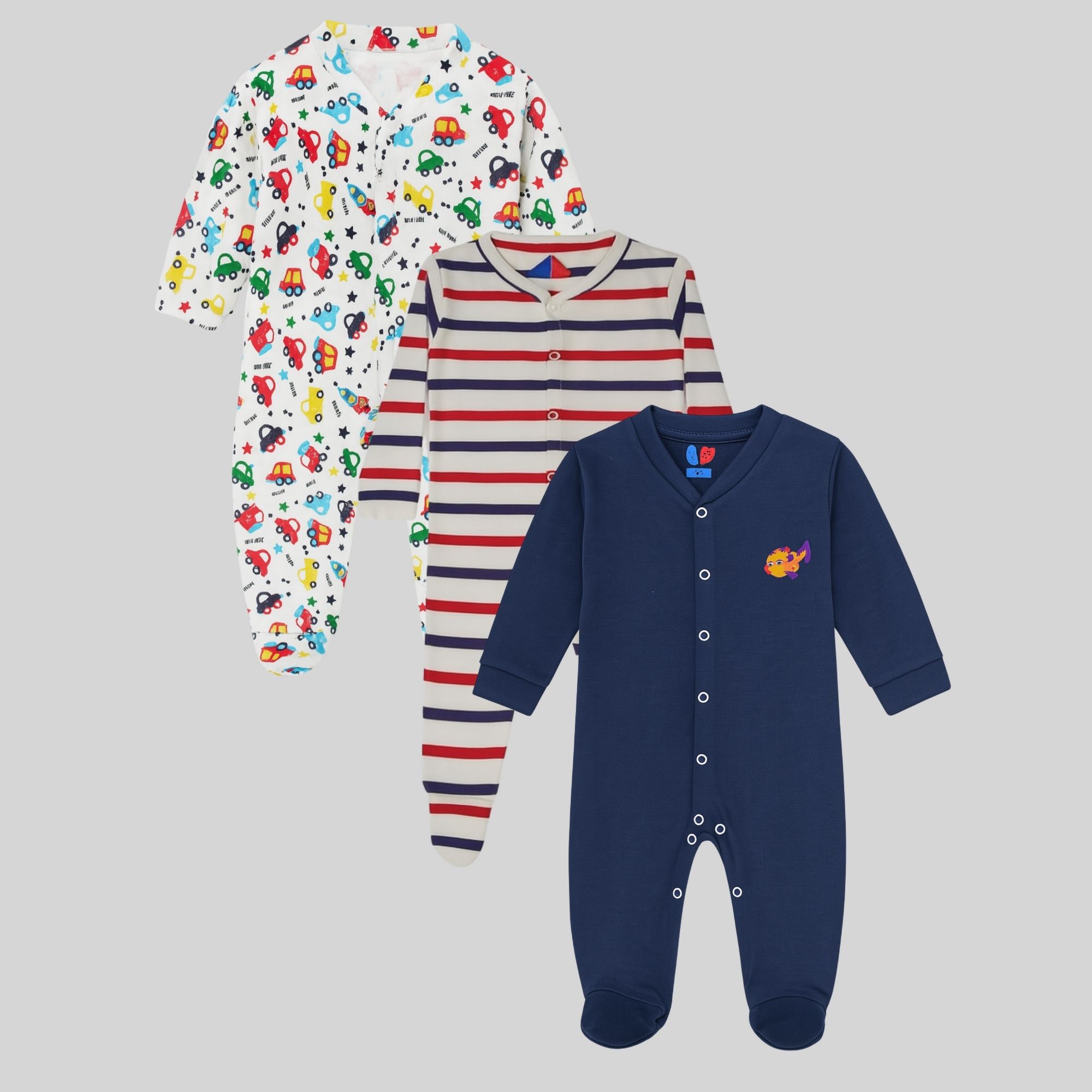 Car Print, Striped & Navy Baby Onesies – Pack of 3