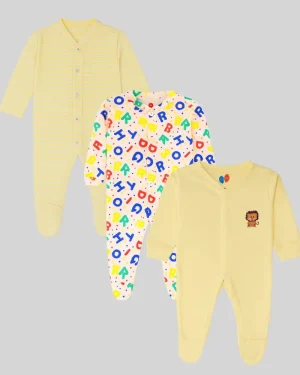 Yellow, Alphabet Print & Lion Baby Onesies – Pack of 3