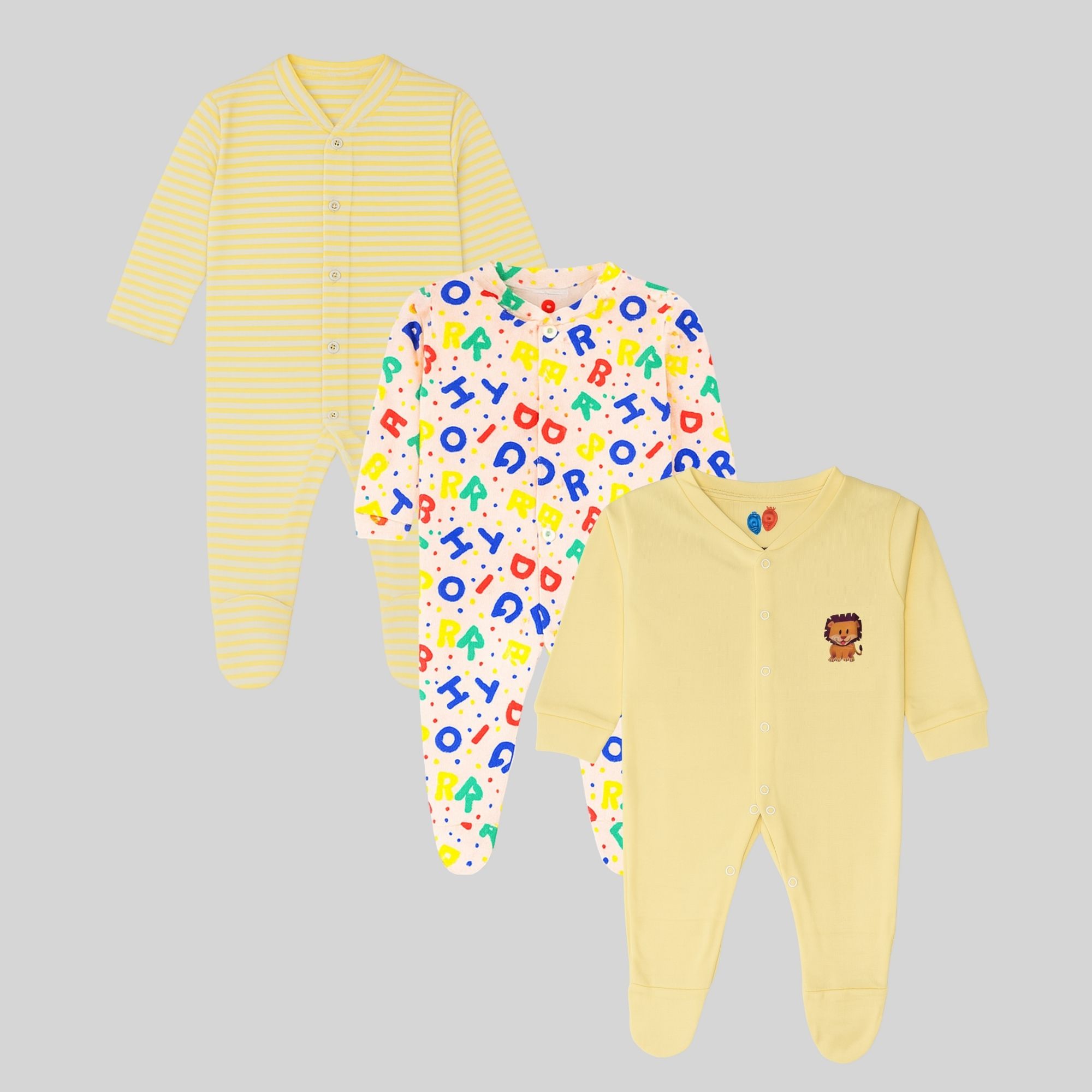 Yellow, Alphabet Print & Lion Baby Onesies – Pack of 3
