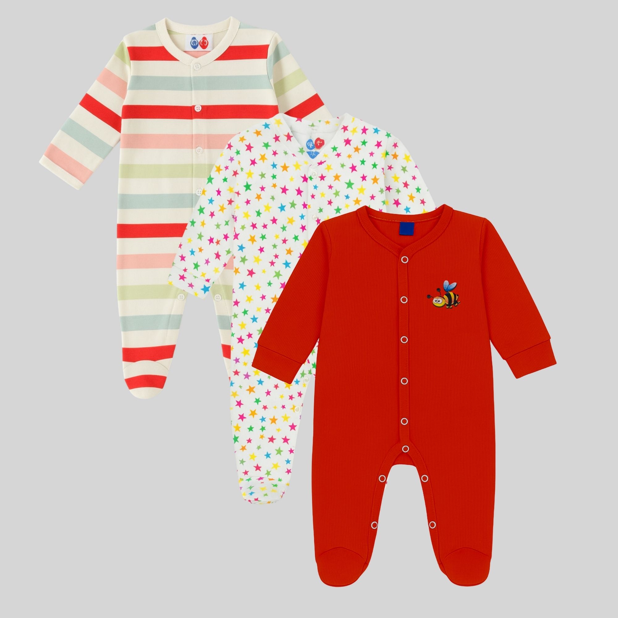 Cotton Striped, Star Print & Red Baby Onesies – Pack of 3