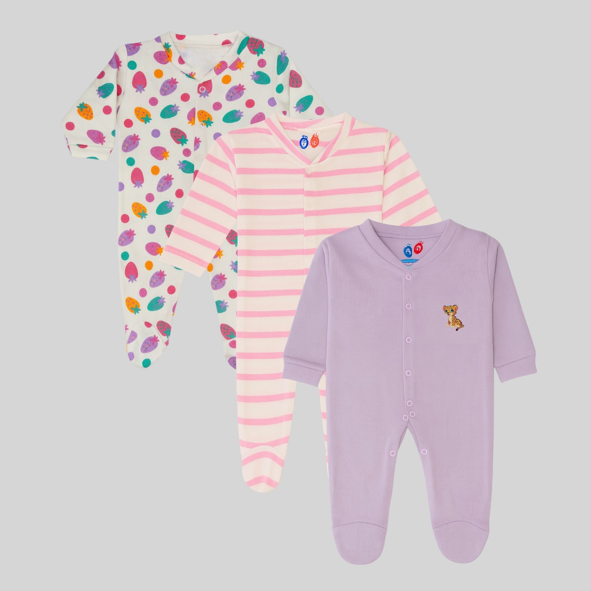 Fruit Print, Pink Striped & Lilac Baby Onesies – Pack of 3