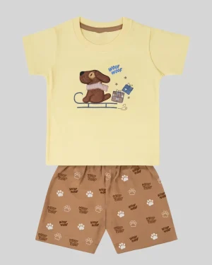 Boys Co-ord Set – Dog Patch Tee &  Print Shorts  (Cream)