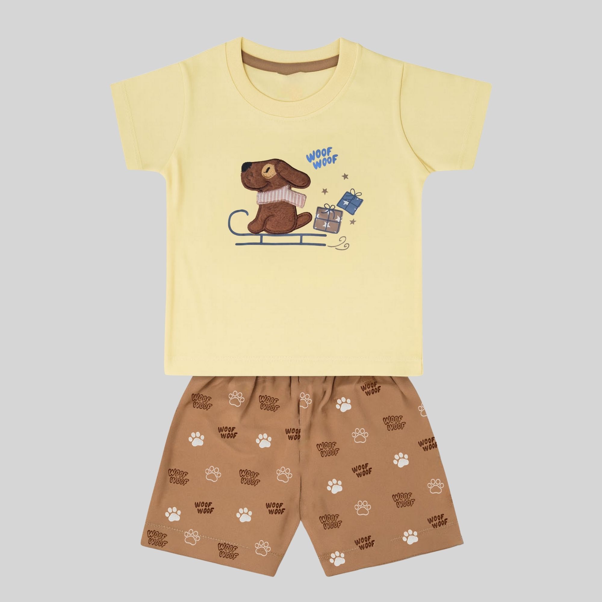 Boys Co-ord Set – Dog Patch Tee &  Print Shorts  (Cream)