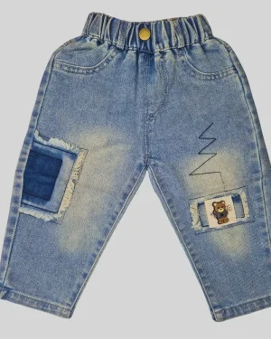 Boys Patchwork Teddy Denim Jeans – Light Blue
