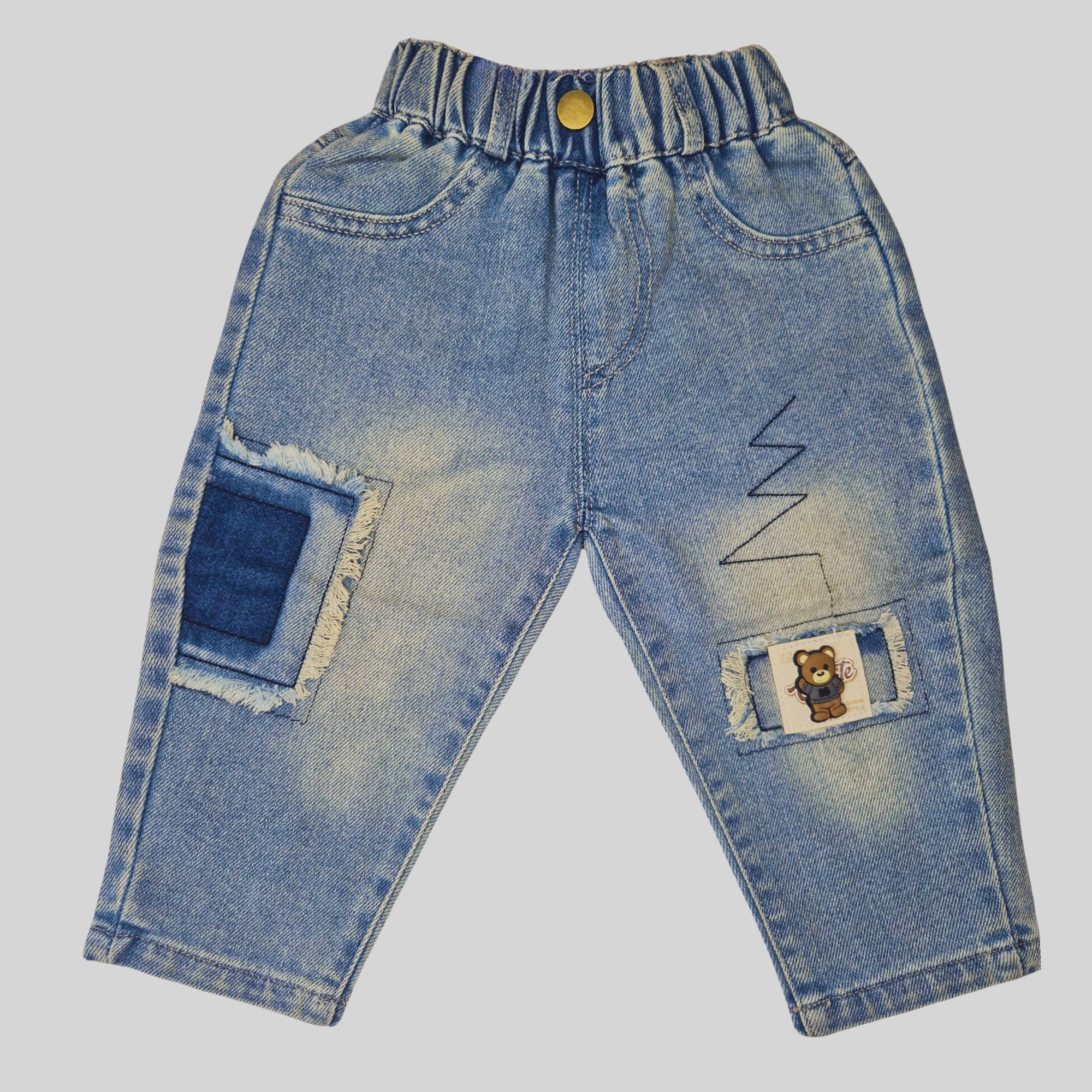 Boys Patchwork Teddy Denim Jeans – Light Blue