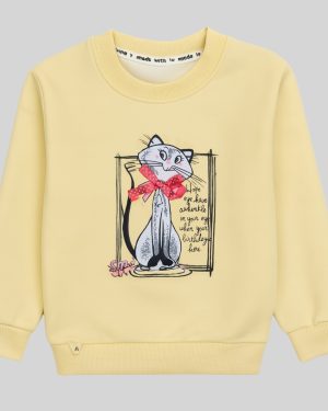 "Yellow Cat Graphic Girls Sweatshirt with Bow"