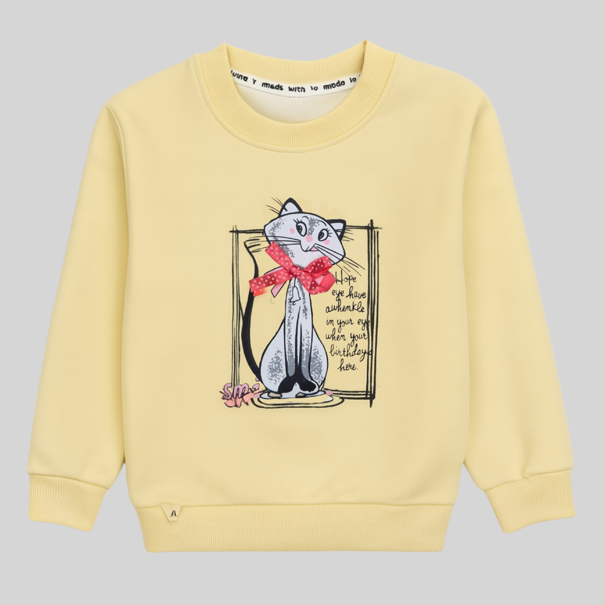 "Yellow Cat Graphic Girls Sweatshirt with Bow"