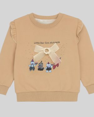 Girls Beige Sweatshirt with Bow & Bear Print