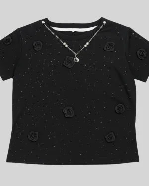 "Elegant Black Rose Top with Necklace Detail"