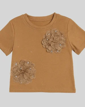 "Brown Embellished Floral Top"