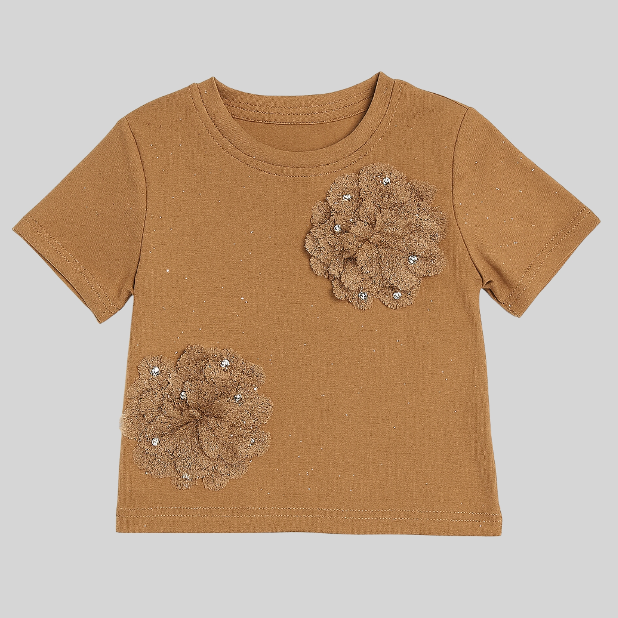 "Brown Embellished Floral Top"