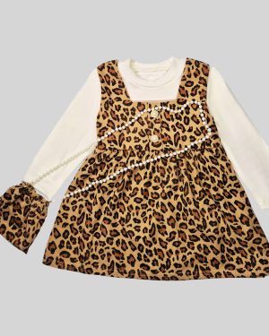 "Girls Leopard Print Frock with Inner Top & Bag"