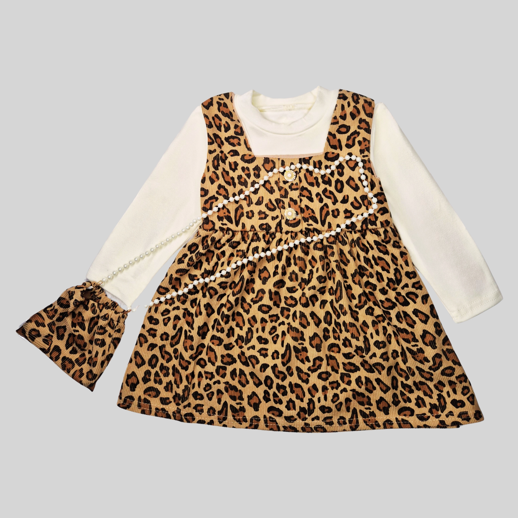 "Girls Leopard Print Frock with Inner Top & Bag"