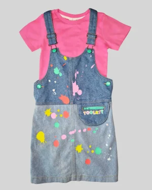 "Girls Pink T-Shirt with Denim Dungaree Dress – 2 Pc Set"