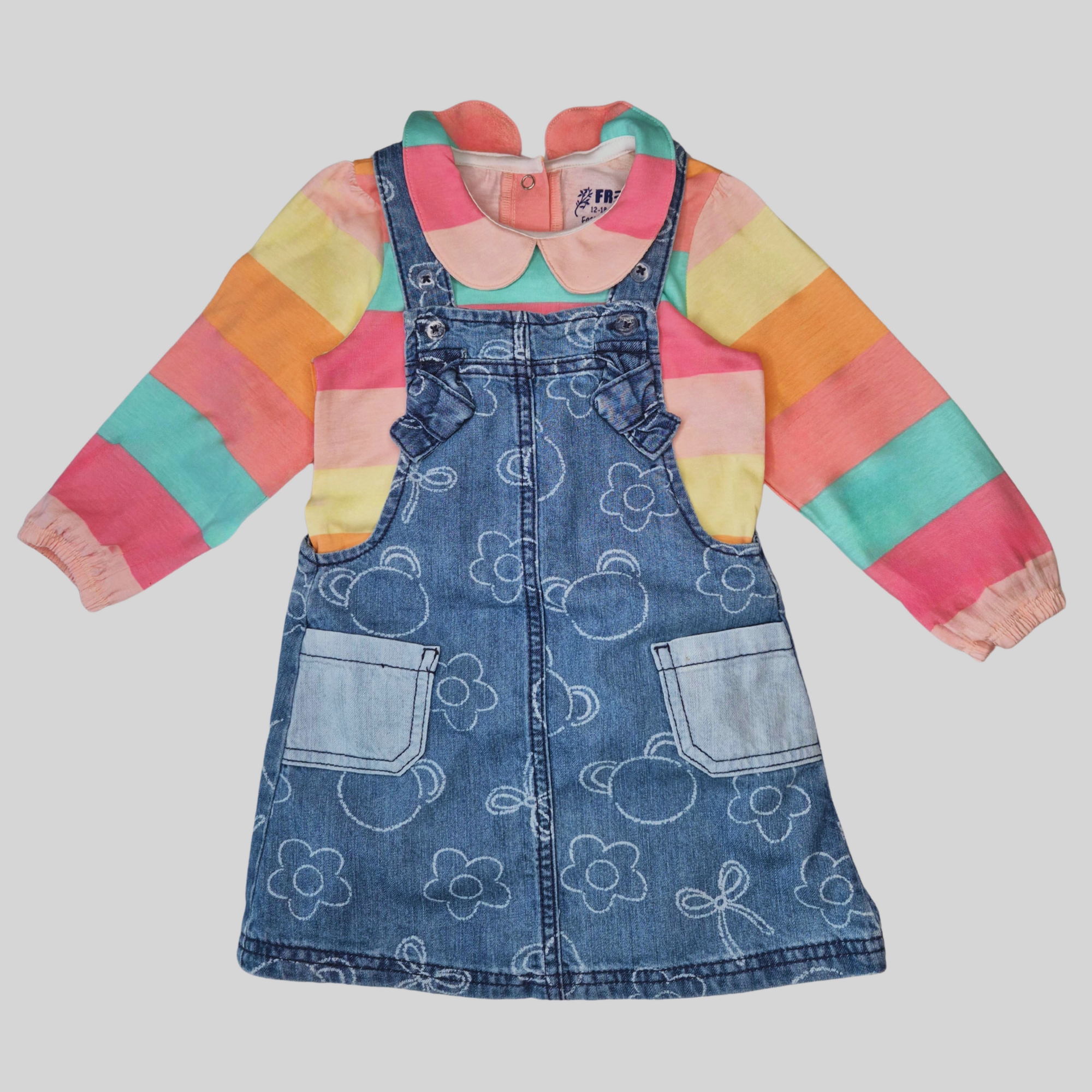 Girls Denim Overall Dress with Striped Inner Top – Multicolor