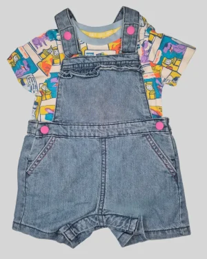 Denim Dungaree with Cartoon Print Inner T-shirt