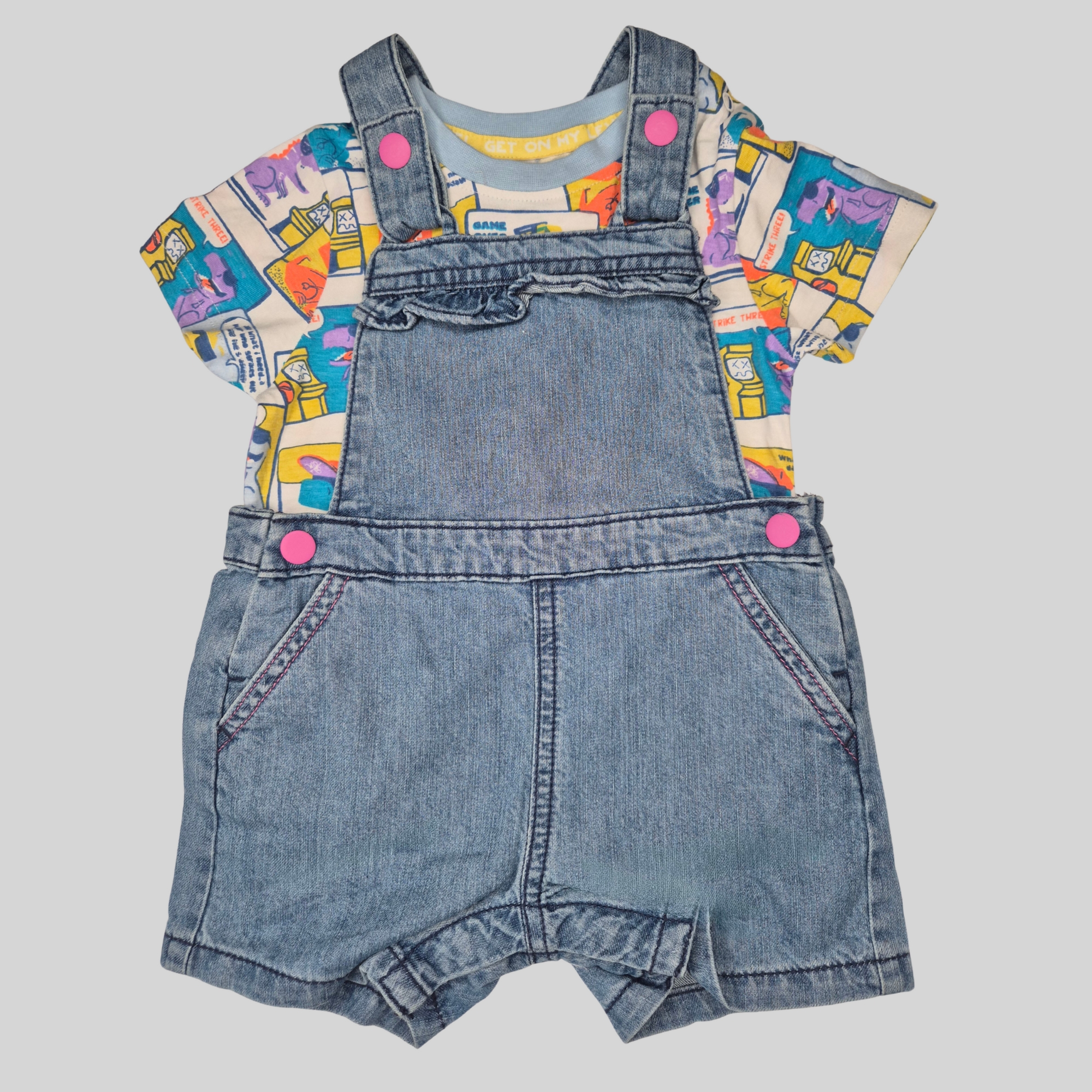 Denim Dungaree with Cartoon Print Inner T-shirt