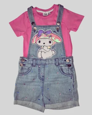Girls’ Denim Dungaree Shorts with Pink Inner T-shirt & Sequin Bunny Design