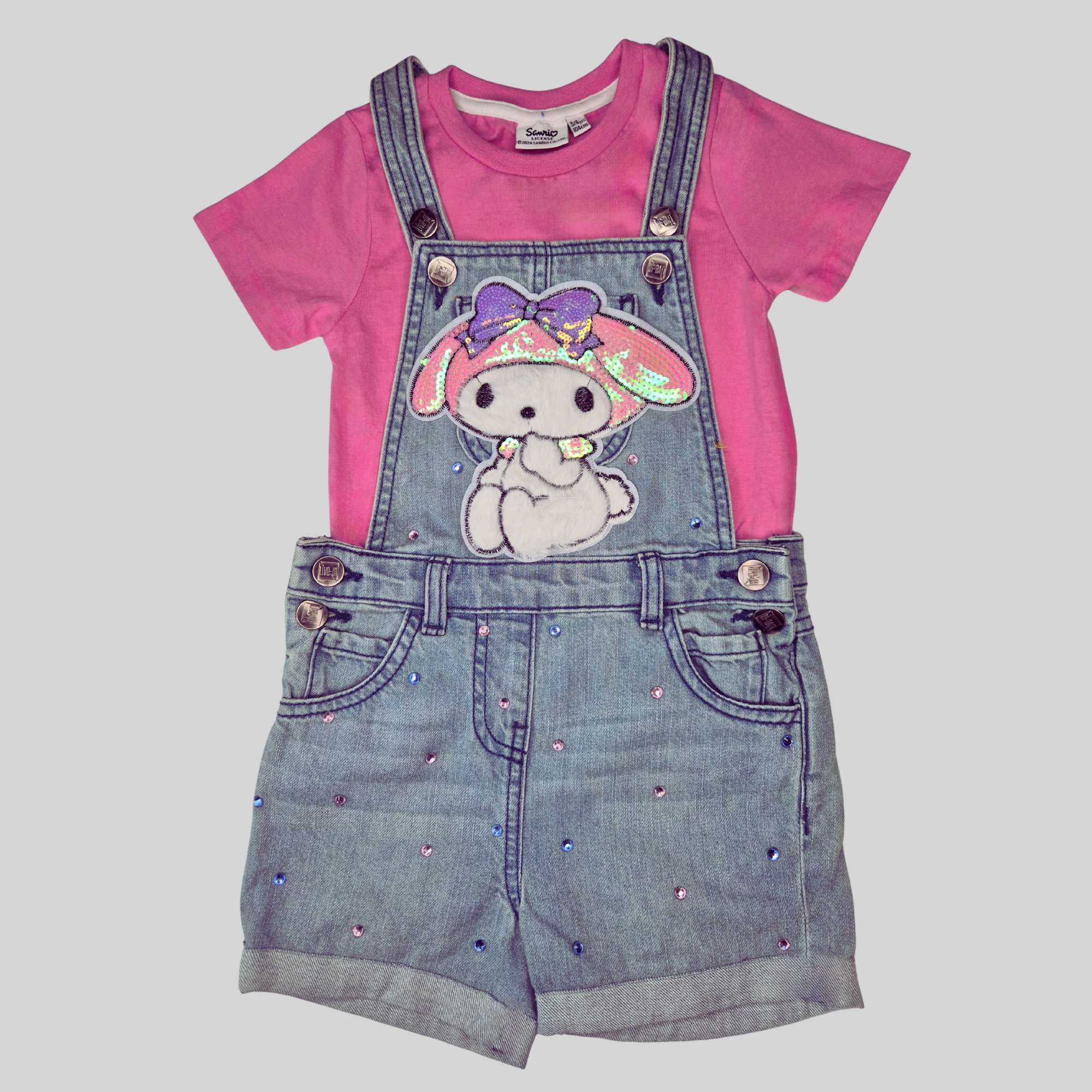 Girls’ Denim Dungaree Shorts with Pink Inner T-shirt & Sequin Bunny Design