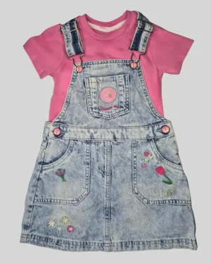 Girls’ Light Blue Denim Pinafore Dress with Pink Inner T-shirt & Embroidered Designs