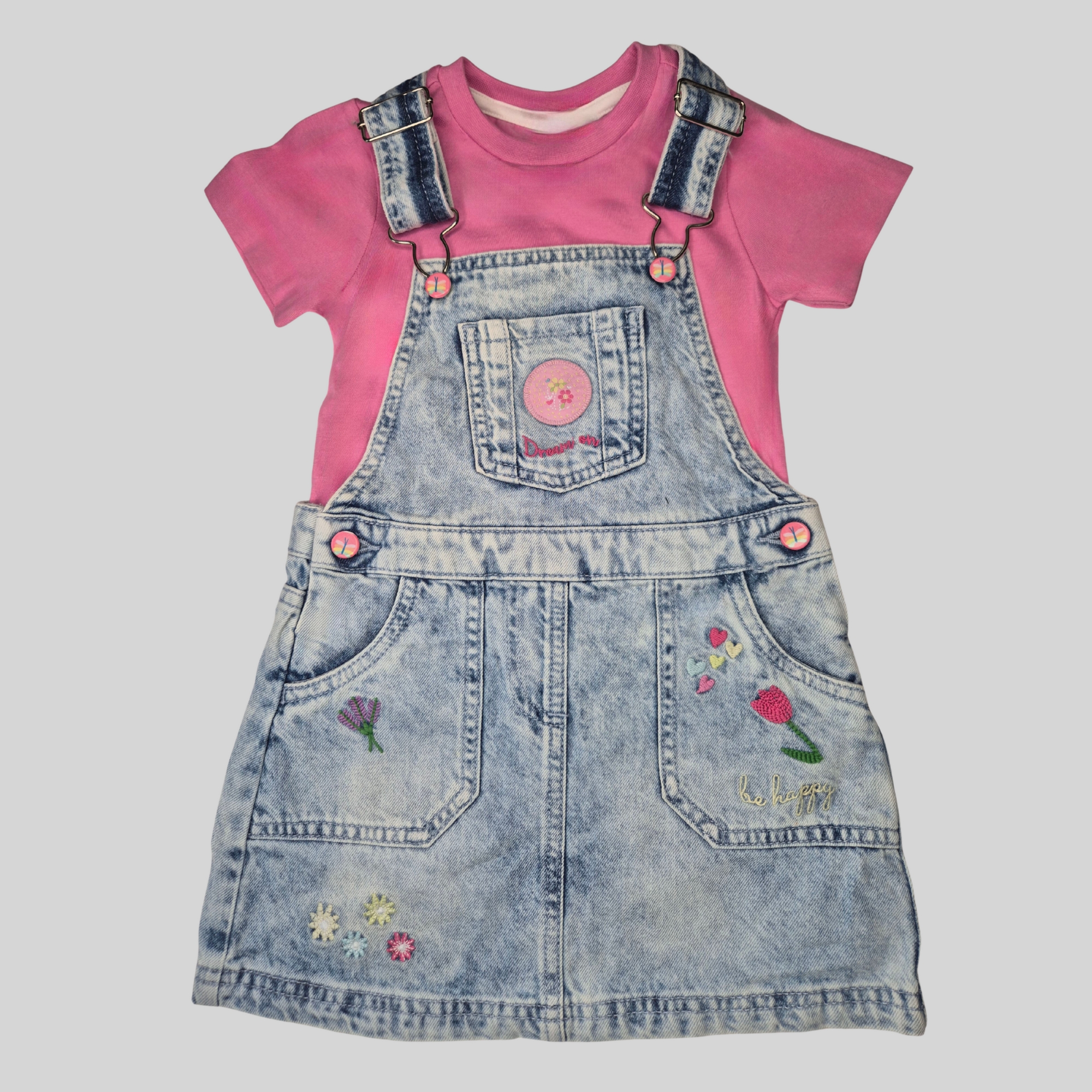 Girls’ Light Blue Denim Pinafore Dress with Pink Inner T-shirt & Embroidered Designs
