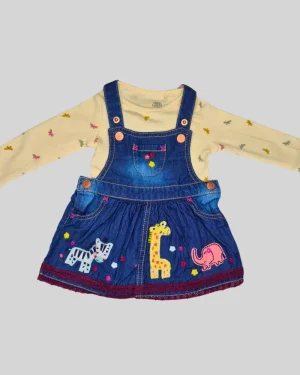 Girls’ Dark Blue Denim Pinafore Dress with Animal Embroidery & Inner Top