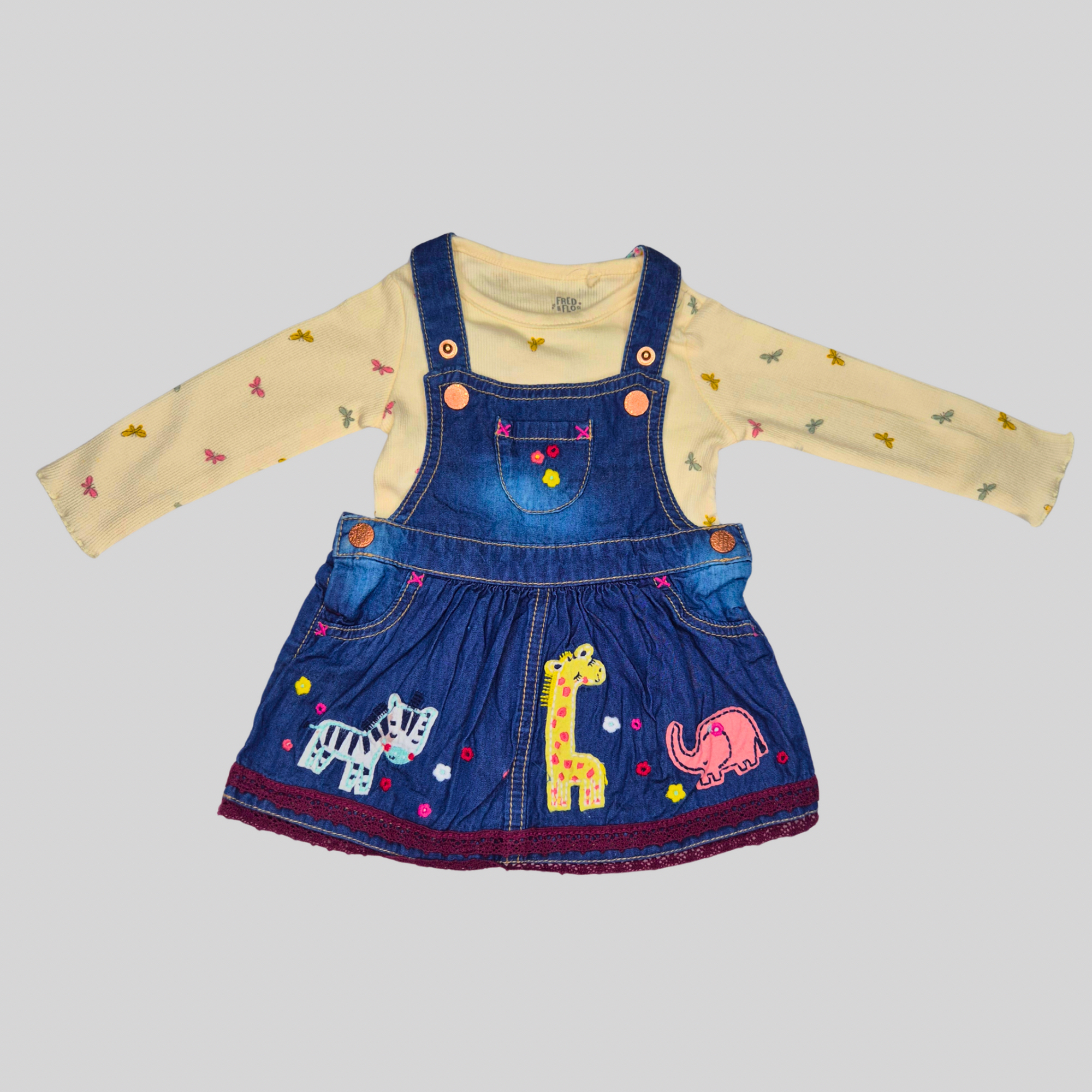 Girls’ Dark Blue Denim Pinafore Dress with Animal Embroidery & Inner Top