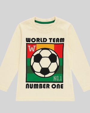 Boys Cream World Team Football Print Full Sleeve T-Shirt