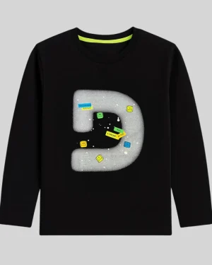 Boys Black D Graphic Full Sleeve T-Shirt