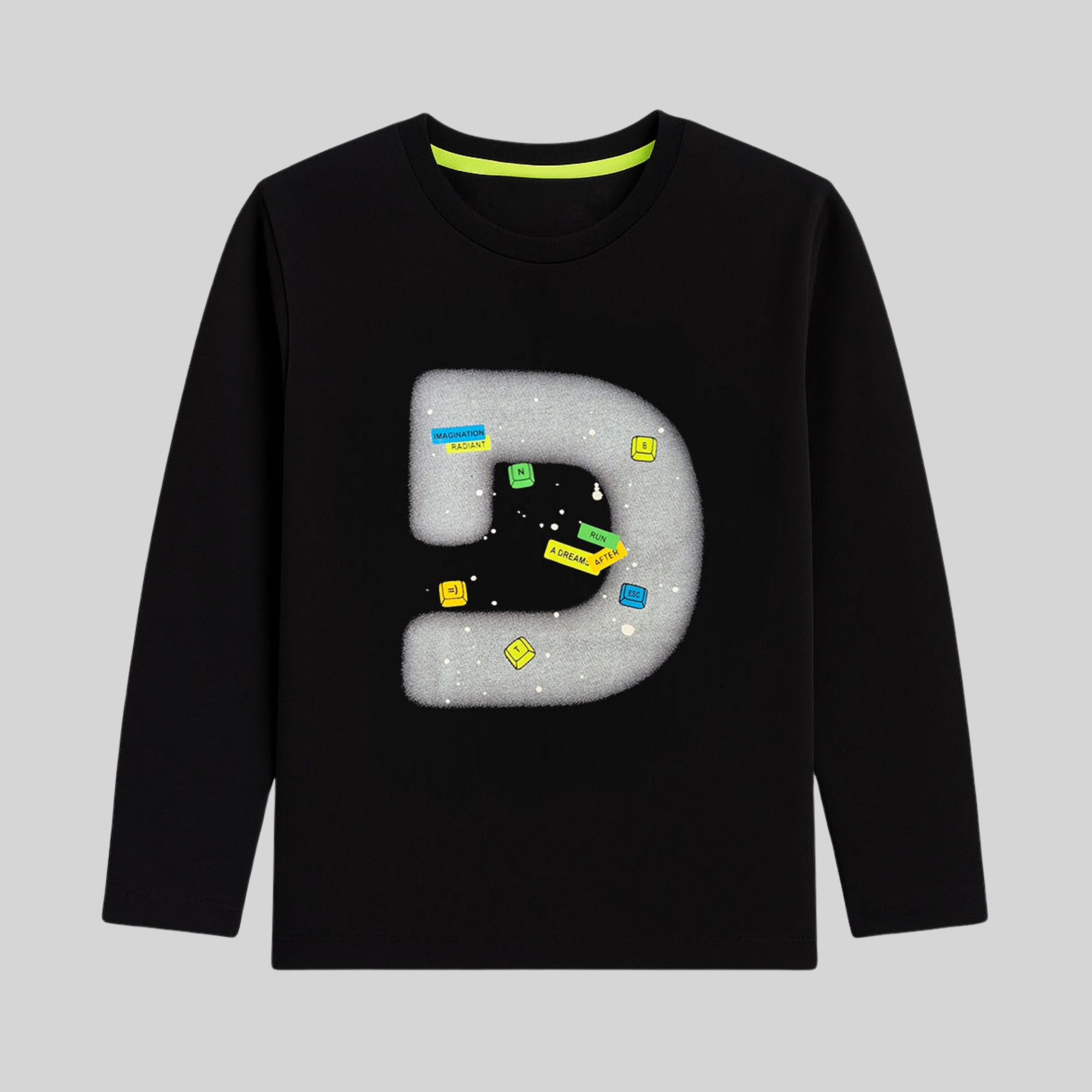 Boys Black D Graphic Full Sleeve T-Shirt