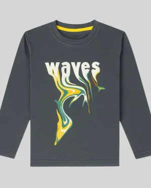 Boys Charcoal Waves Print Full Sleeve T-Shirt
