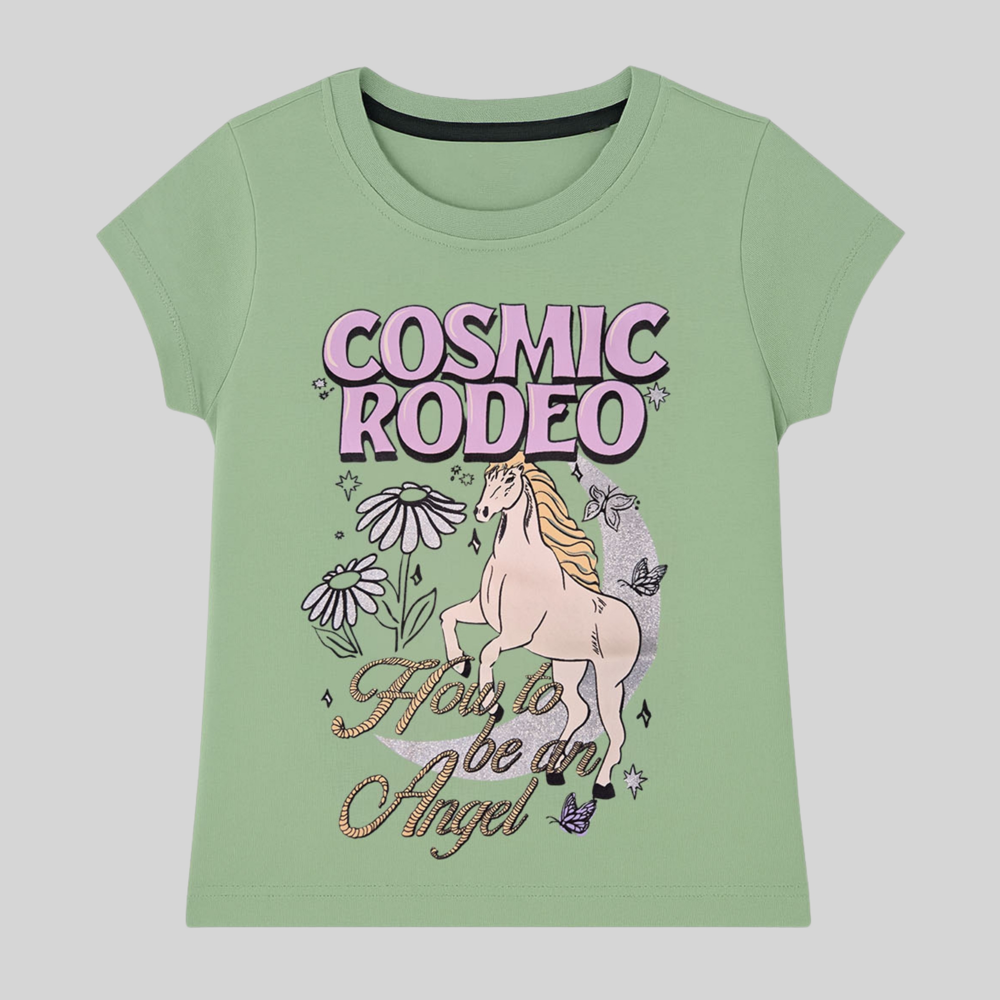 Girls Green "Cosmic Rodeo" Horse Print Cotton T-Shirt