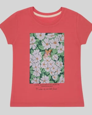 Girls Coral "Secret Garden" Floral & Squirrel Print Cotton T-Shirt