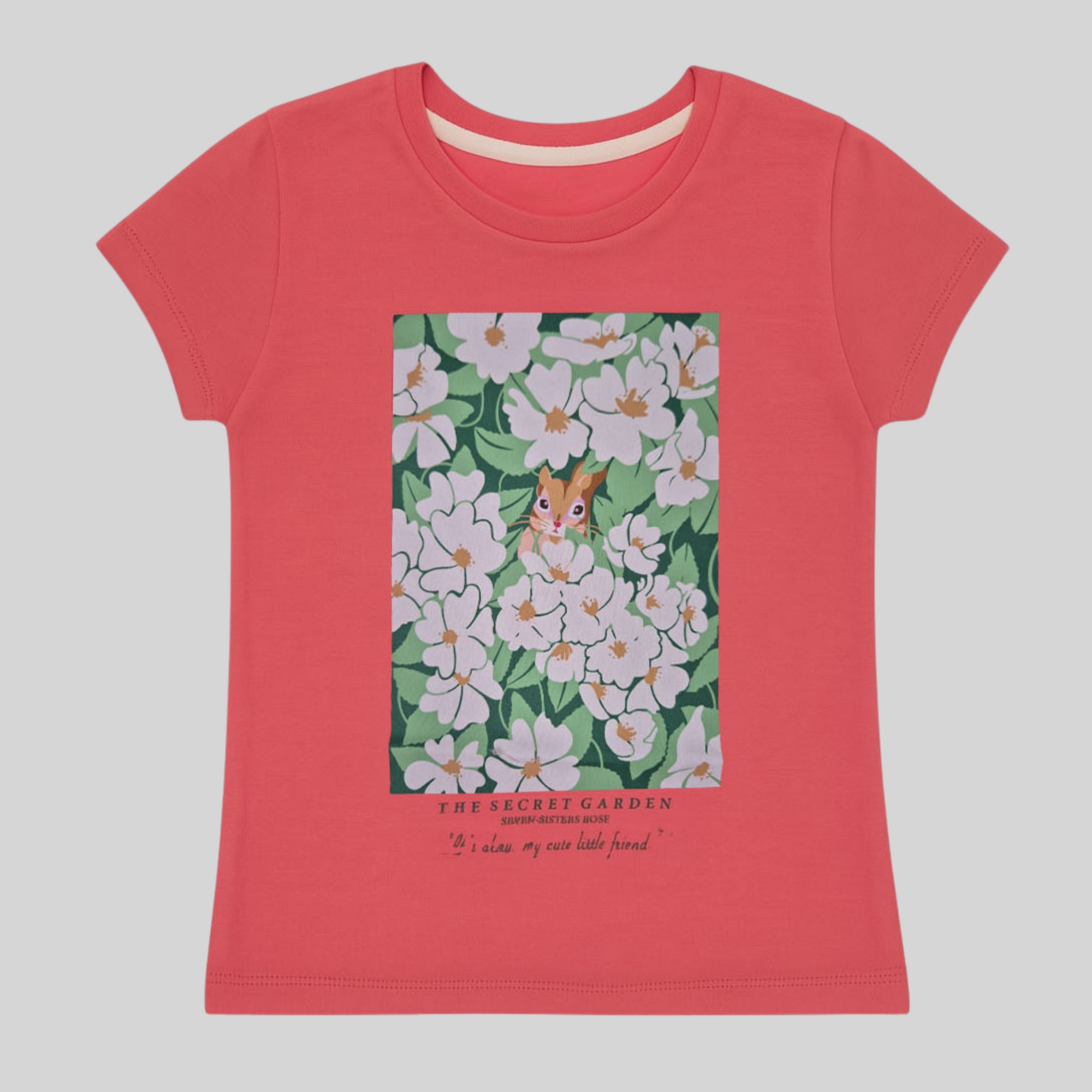 Girls Coral "Secret Garden" Floral & Squirrel Print Cotton T-Shirt