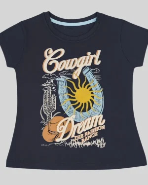 Girls Navy "Cowgirl Dream" Western Print Cotton T-Shirt