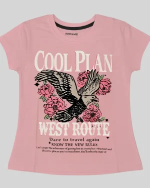 Girls Pink “Cool Plan West Route” Eagle Graphic Cotton T-Shirt